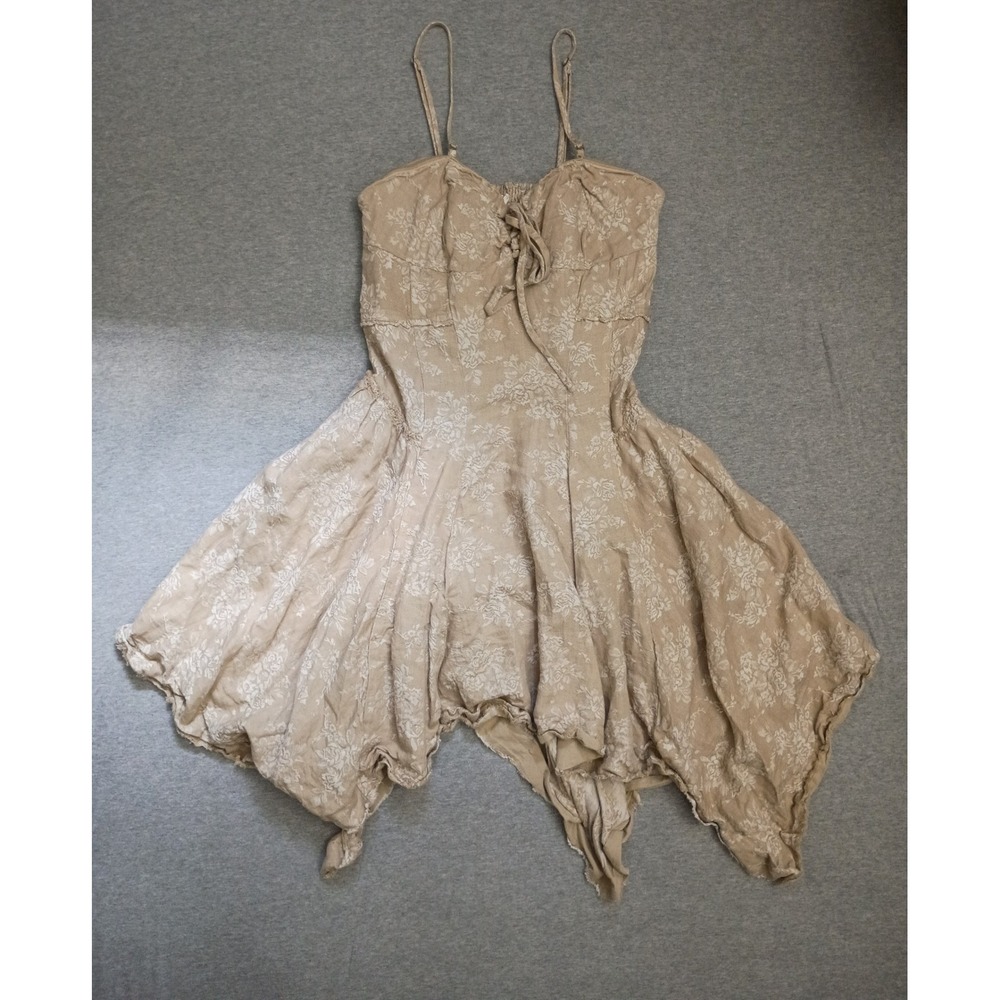 Anthropologie Med Floral Linen Cotton Handkerchief Hem Dress Tan Corset Boned